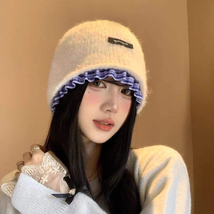 韩系高级感针织渔夫帽女秋冬季甜美显脸大保暖护耳毛线帽子百搭