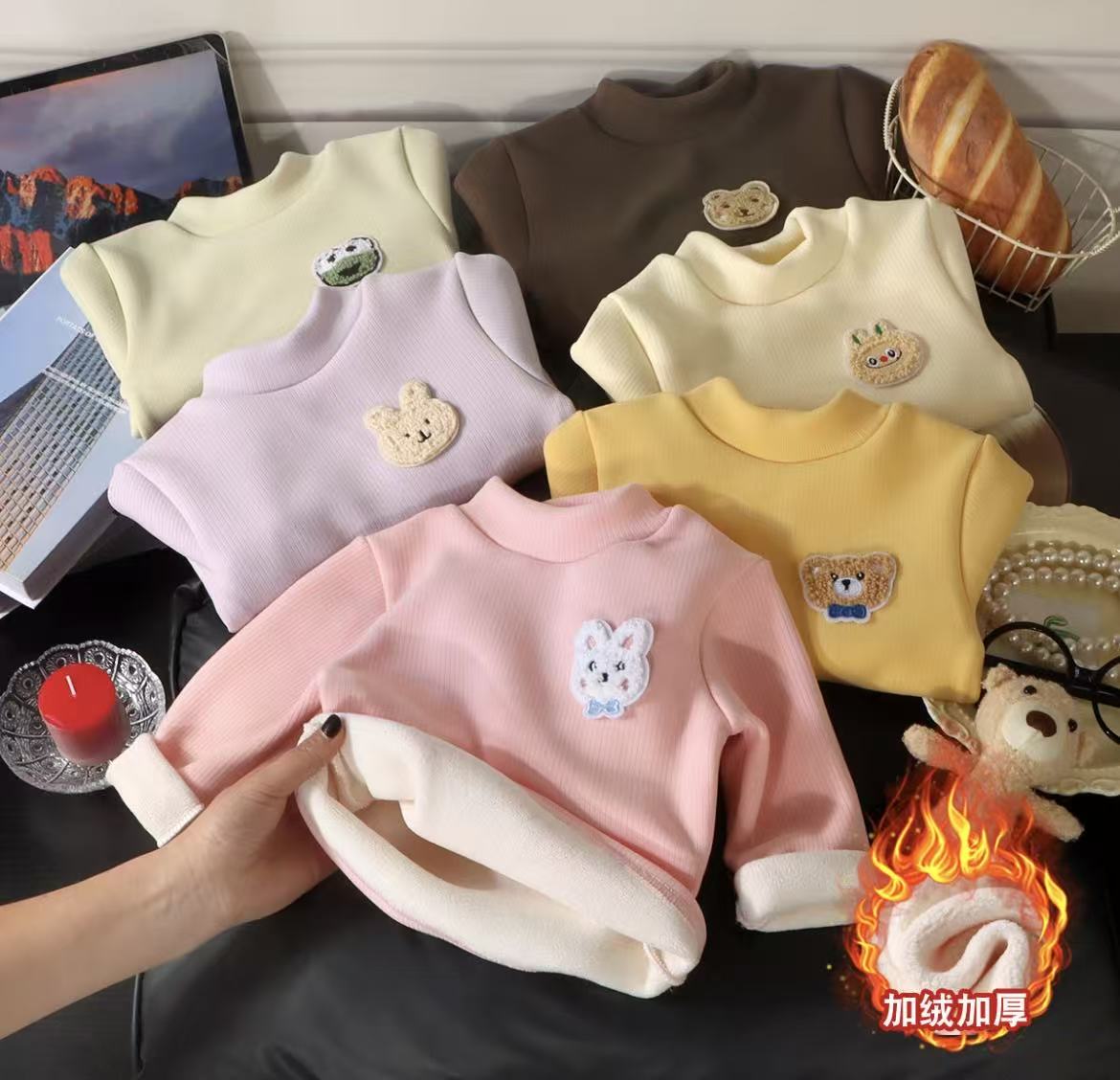 加绒加厚款男女童秋冬A类套头卡通卫衣童装保暖半高领打底衫秋衣