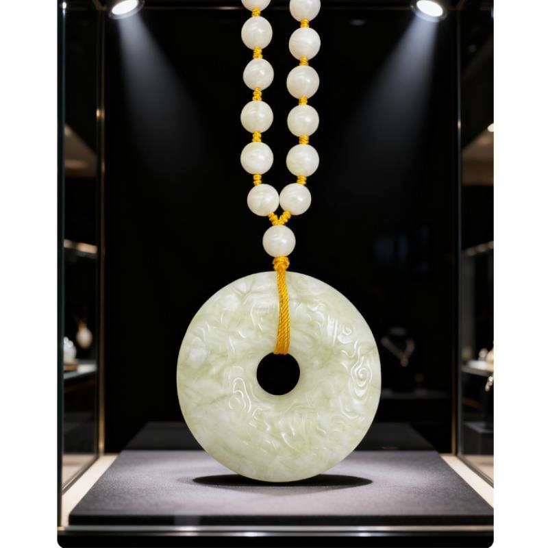 纯天然辽玉双生料祥云扣精美精雕手工打造全玉珠链双面雕刻  X30