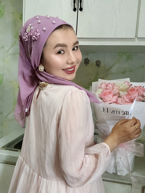 新款定制 珍珠深粉色头巾