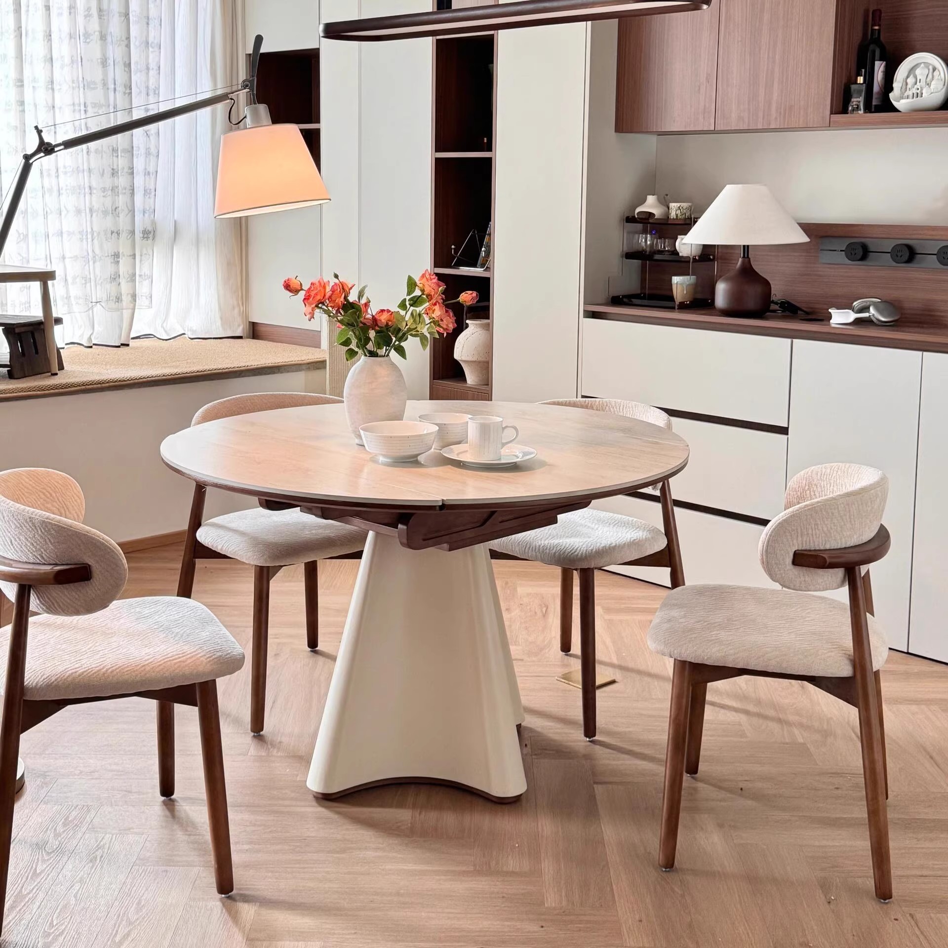 MUPU法式奶油实木折叠桌小户型洞石岩板中古风可伸缩餐桌方圆两用