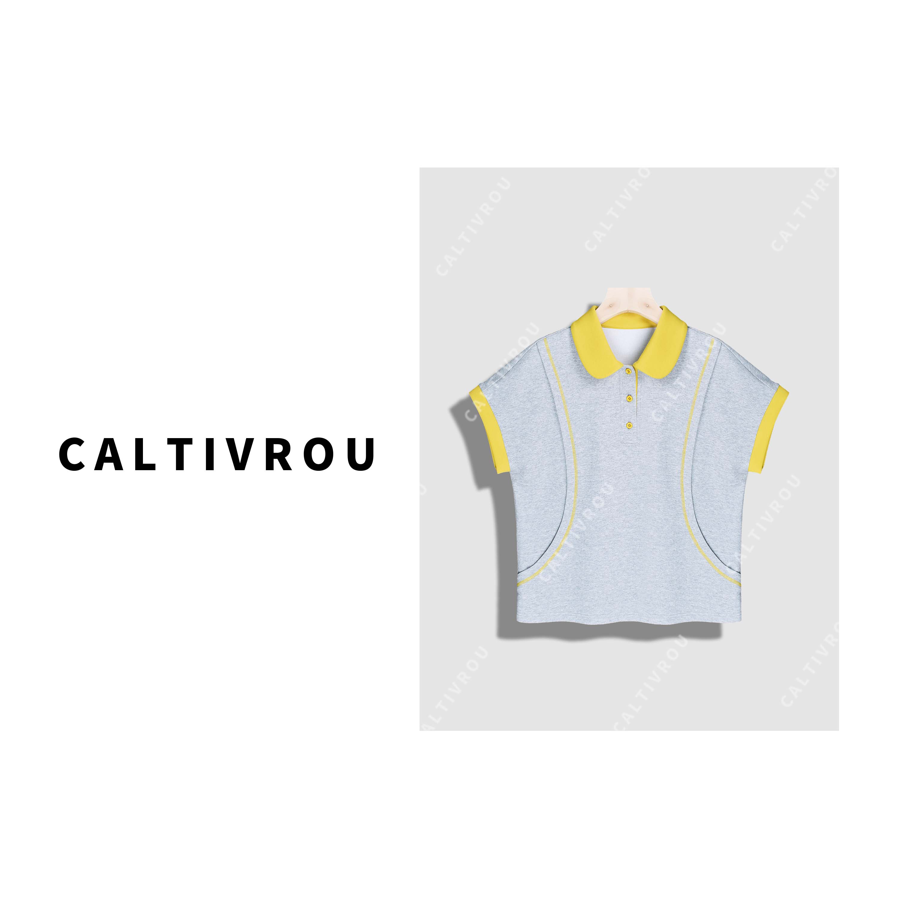 【蕊蕊】撞色Polo领弧线设计显瘦百搭T恤-Y17846