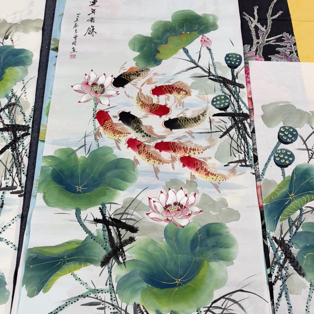 噗***扑国画140×70金线鱼手绘画画画