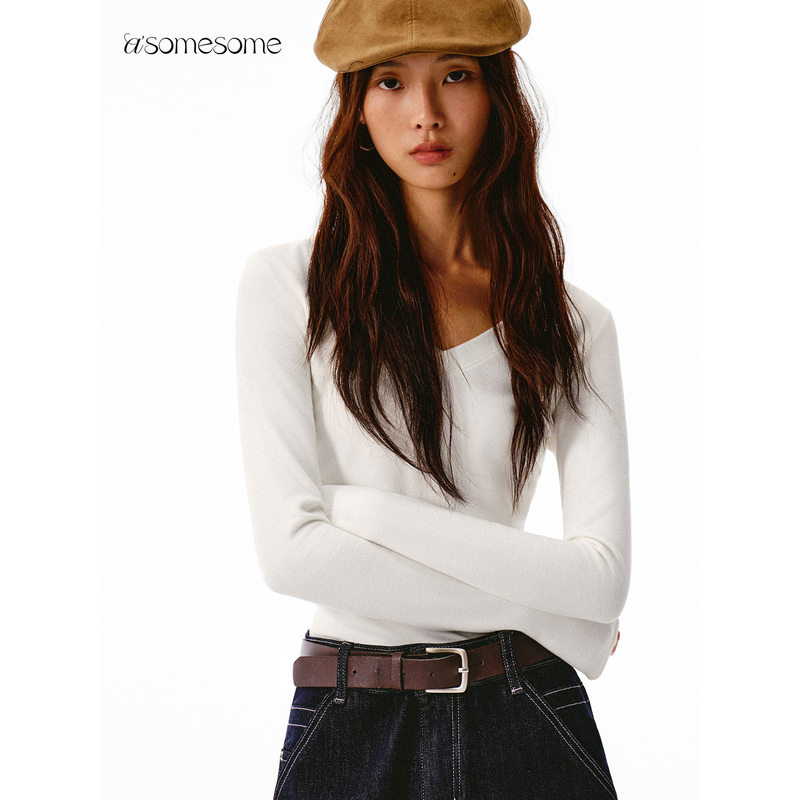 asomesome美式V领德绒修身打底长袖女秋加厚保暖秋衣内搭针织上衣