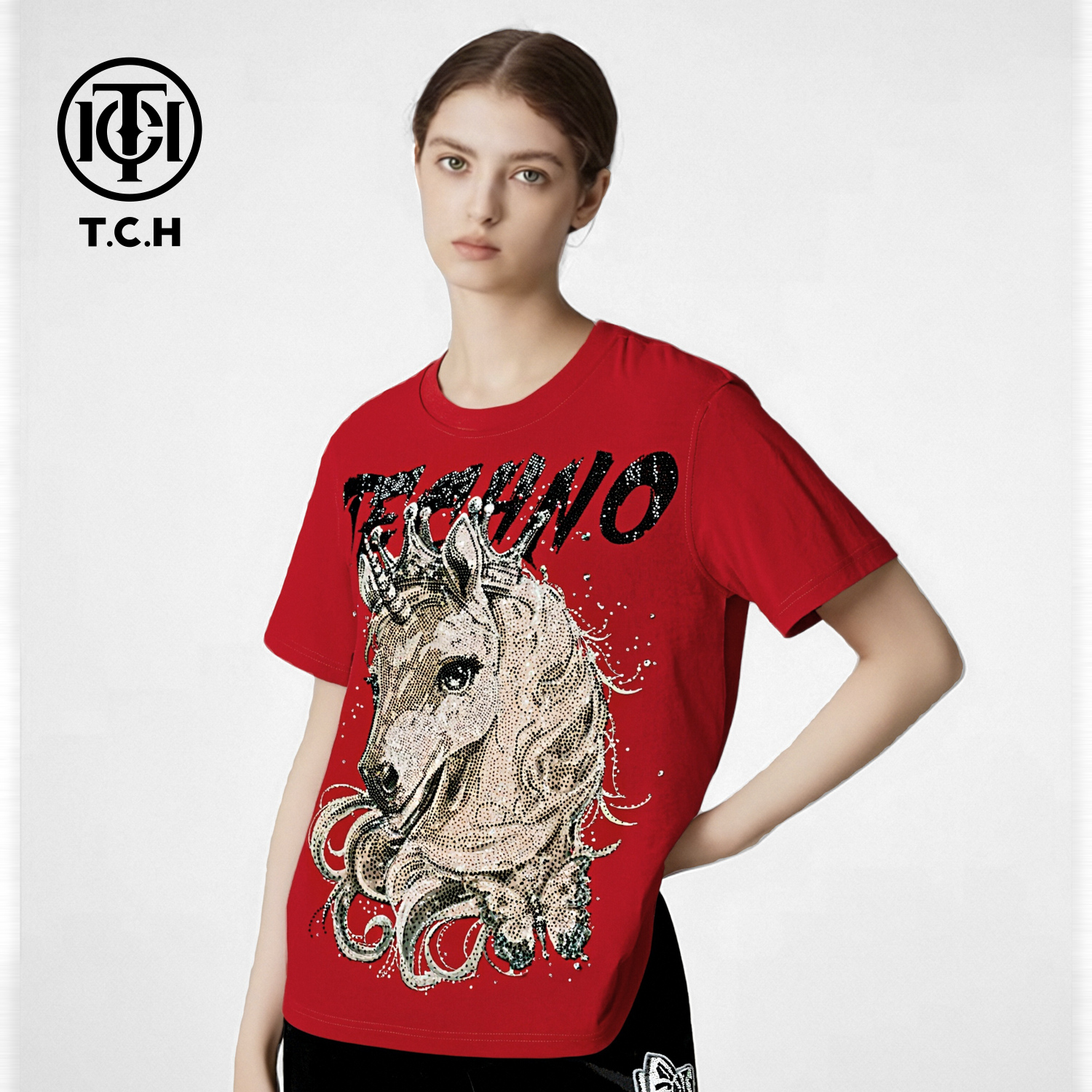 TCH【时尚潮牌】25新款潮流烫钻百搭轻奢红色短袖T恤T78B106018