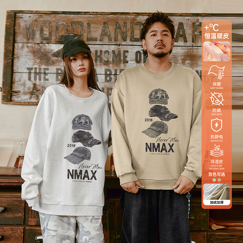 NMAX大码潮牌男装25年冬季新款潮流印花蓄热保暖圆领卫衣FNA059
