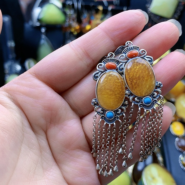 琥珀裸石银S925镶嵌耳坠