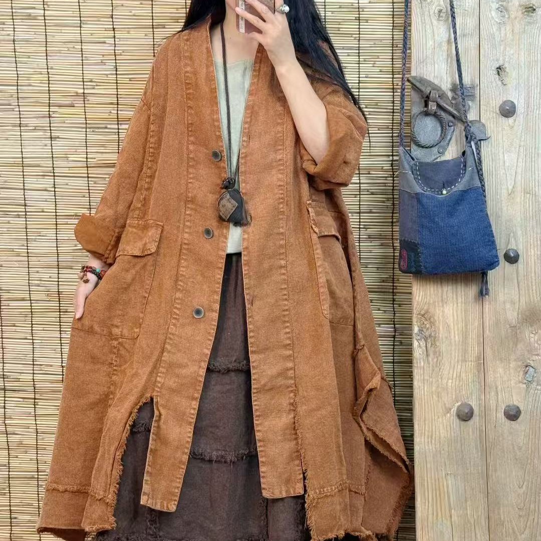 8115高品质炒色复古加厚不规则亚麻长款外套衣长110胸围145