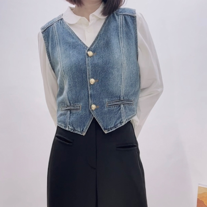 蓝色牛仔马甲女款纯棉万能百搭小马甲坎肩背心女小个子休闲马夹
