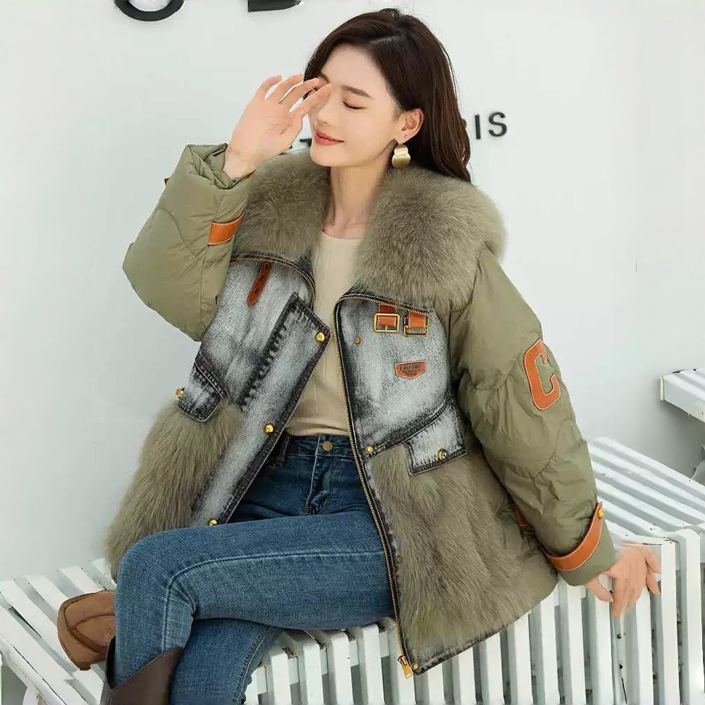 3177轻奢款时尚复古牛仔拼接海军领毛领款羽绒服冬季短款