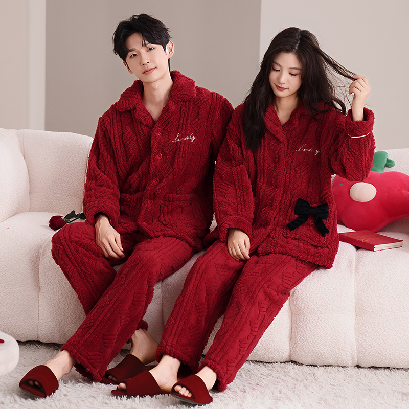 秋冬季结婚红色睡衣情侣款珊瑚绒加厚保暖宽松陪嫁本命年男家居服