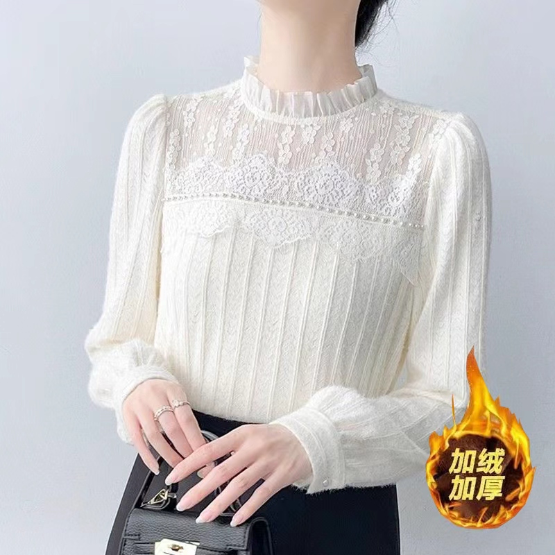 木耳边拼接衬衫女2025秋冬季时尚新款磨毛加绒内搭减龄打底上衣