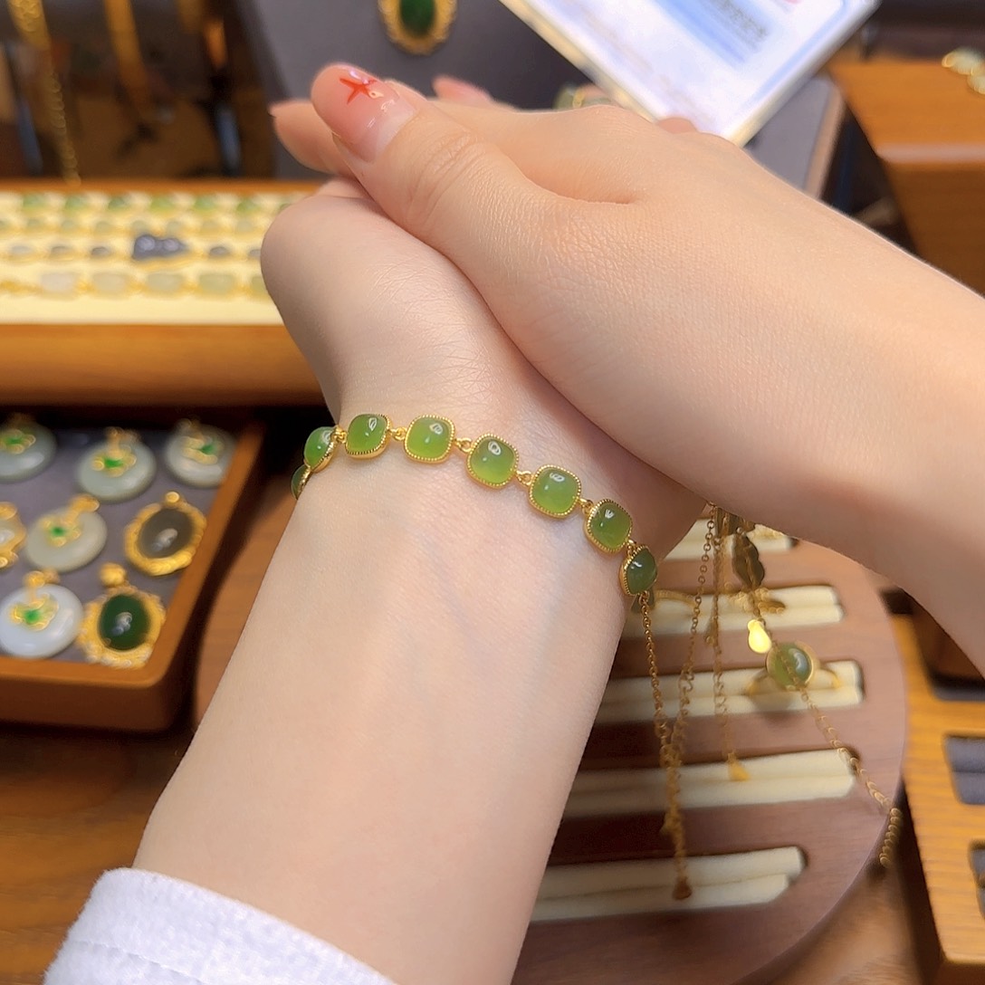 和田玉手链银S925镀金镶嵌