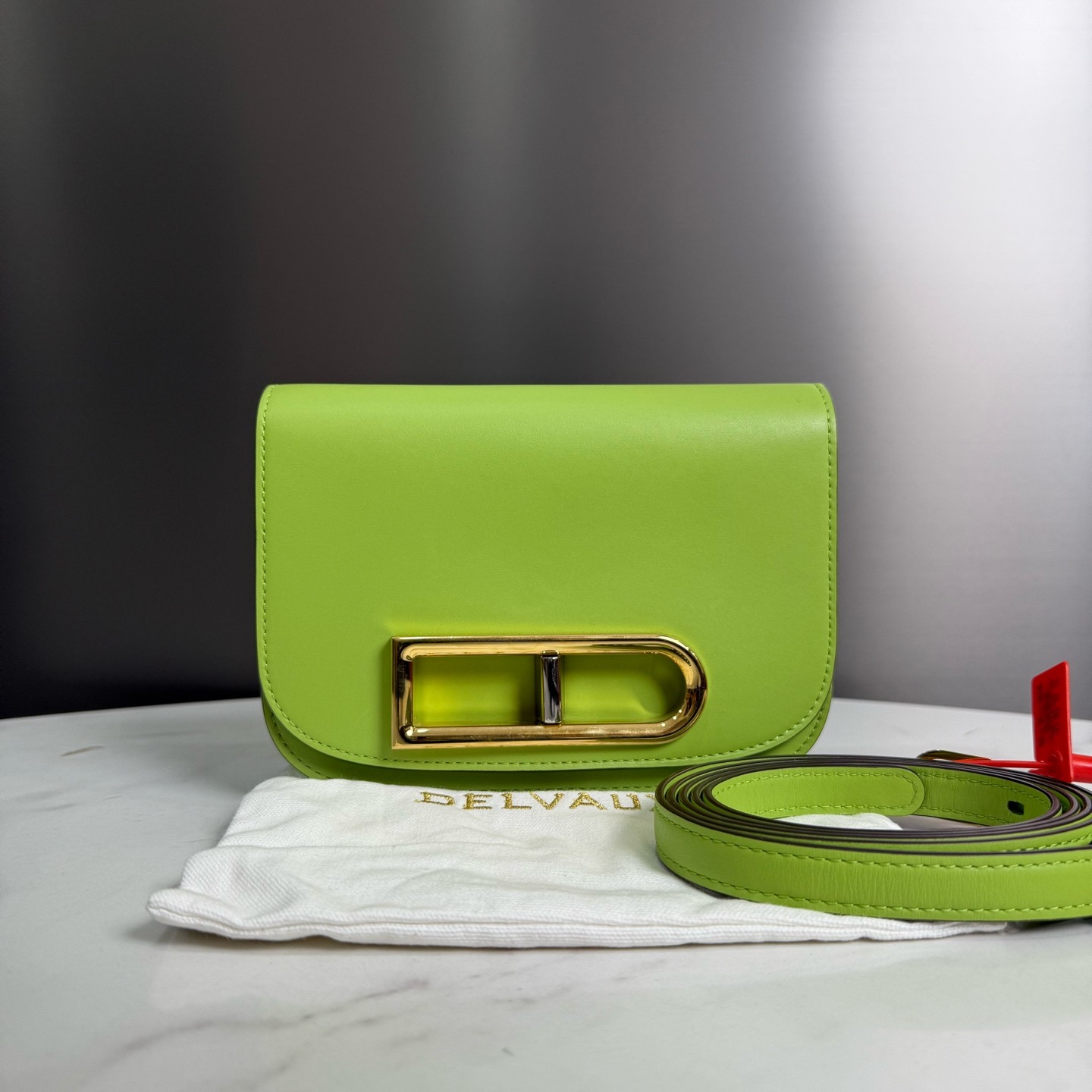 99新 Delvaux/德尔沃 小号芦荟绿金扣翻盖开合单肩包15893901