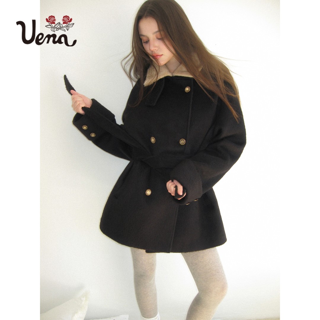 【旺旺雪宝专属】Uena美式复古黑色拼接撞色毛领长款毛呢外套附腰带