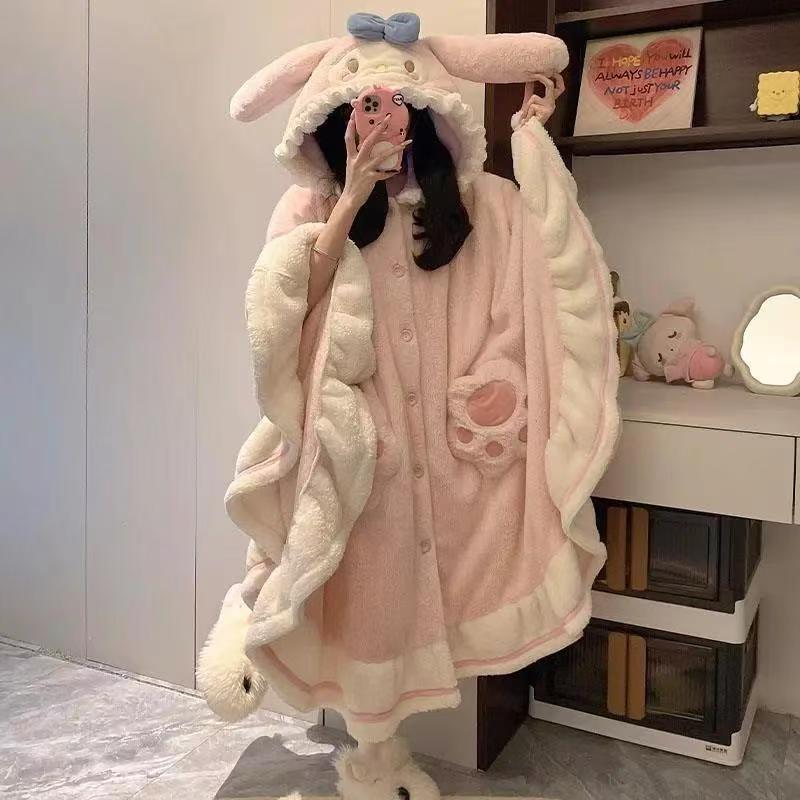 【美乐兔】冬款斗篷带袖子毛绒睡衣加厚睡衣可外穿甜美可爱宽松显瘦