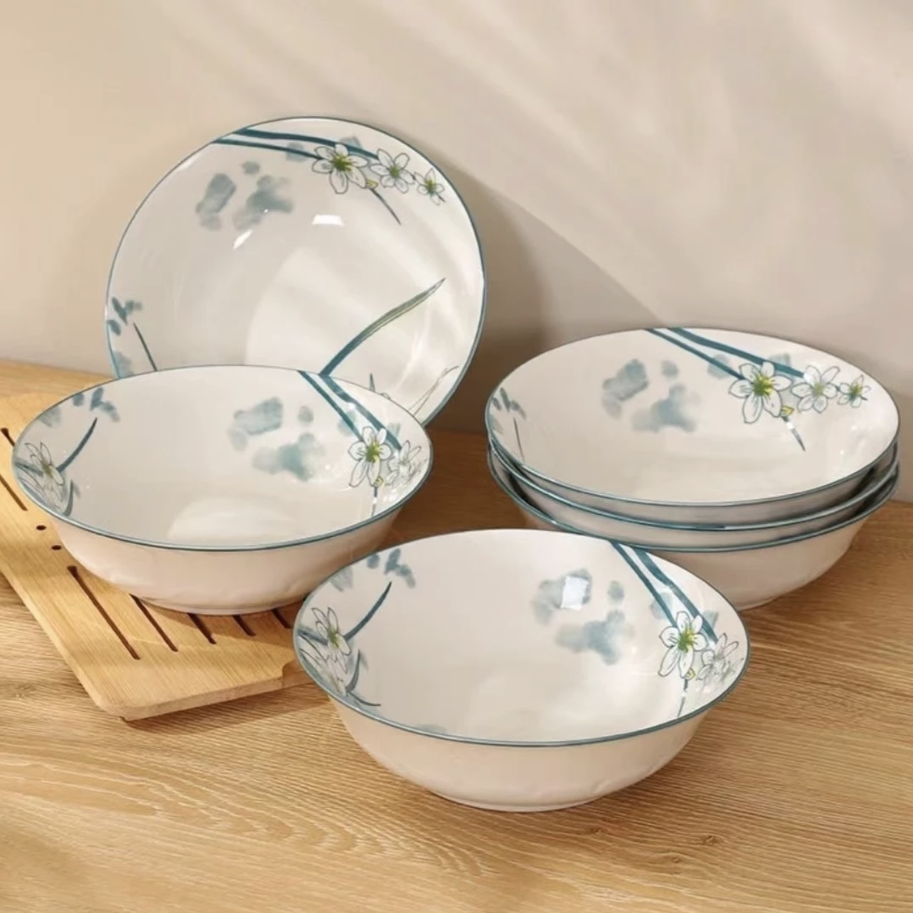 七英寸水仙花面碗6个釉下彩简约风 破损补发