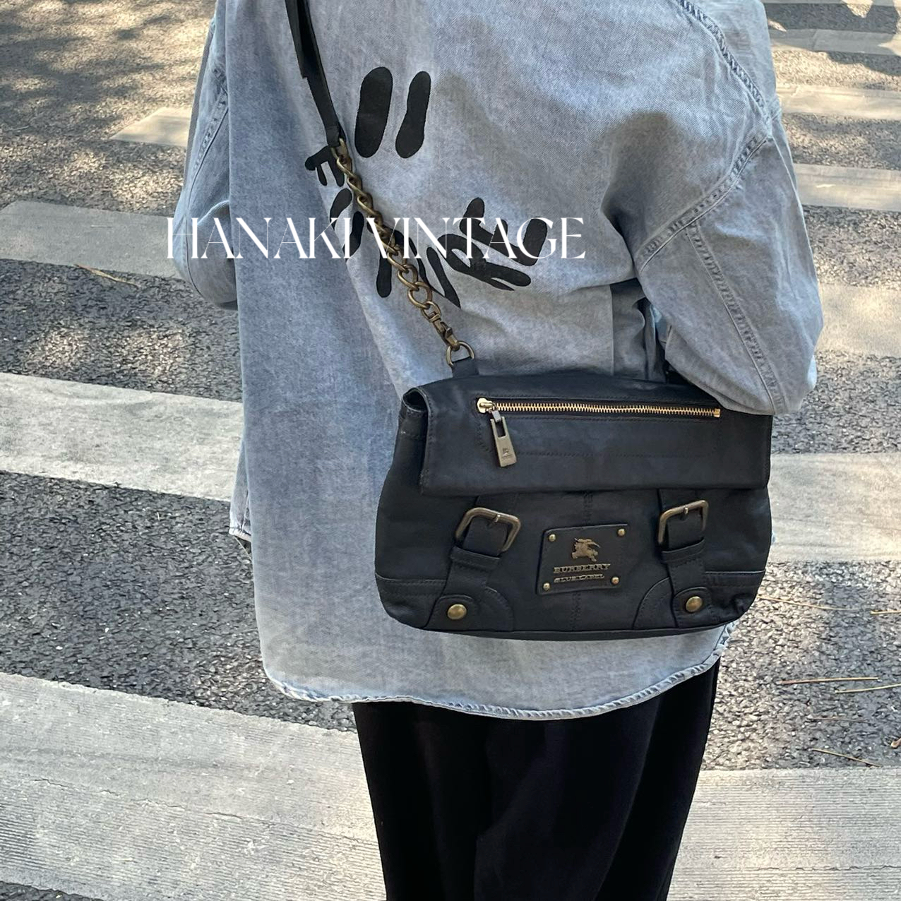 95新 BURBERRY/博柏利 花绮中古/巴宝莉全皮黑金链条斜挎包