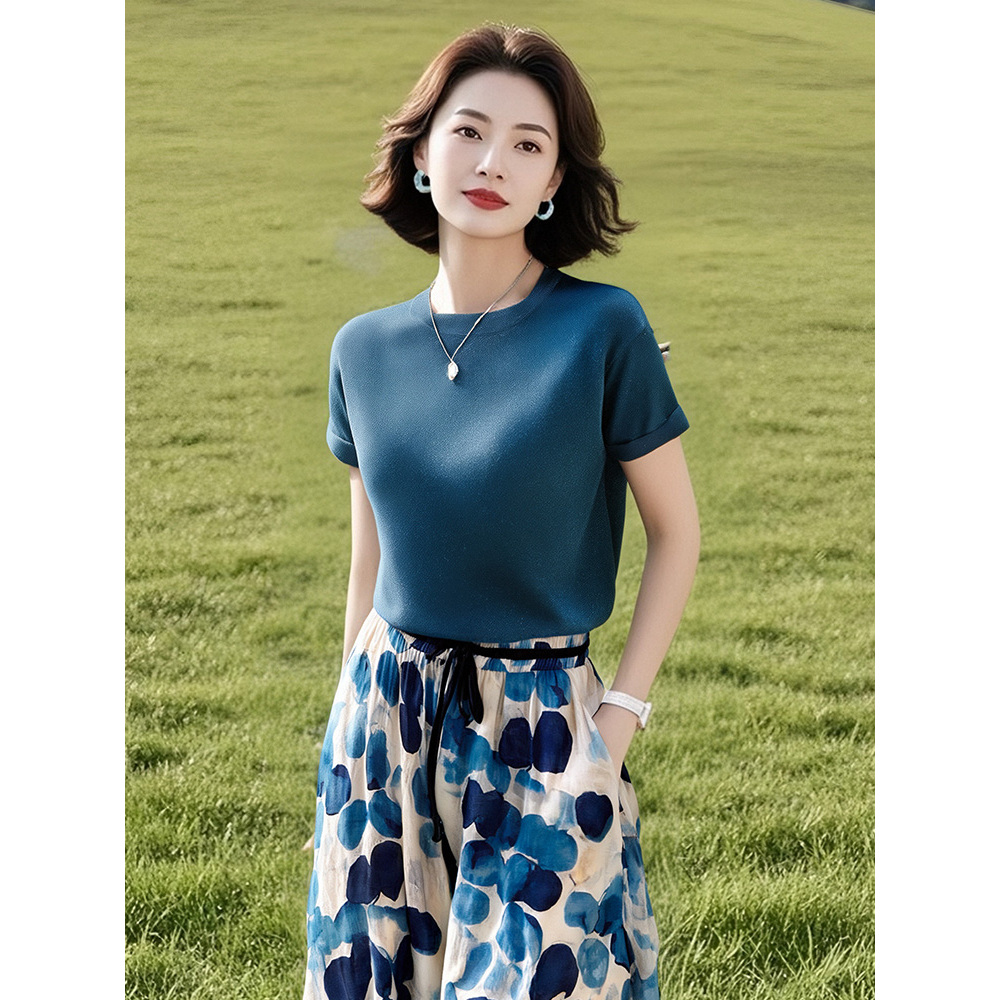 蓝色冰丝针织短袖上衣+松紧腰a摆裙两件套JYSDGZ39 052423