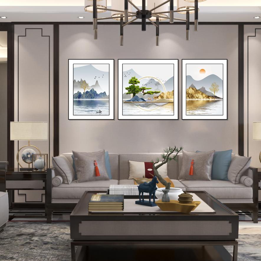 现代中式简约高级大气客厅三联沙发背景墙挂画皮革肌理烫金装饰画