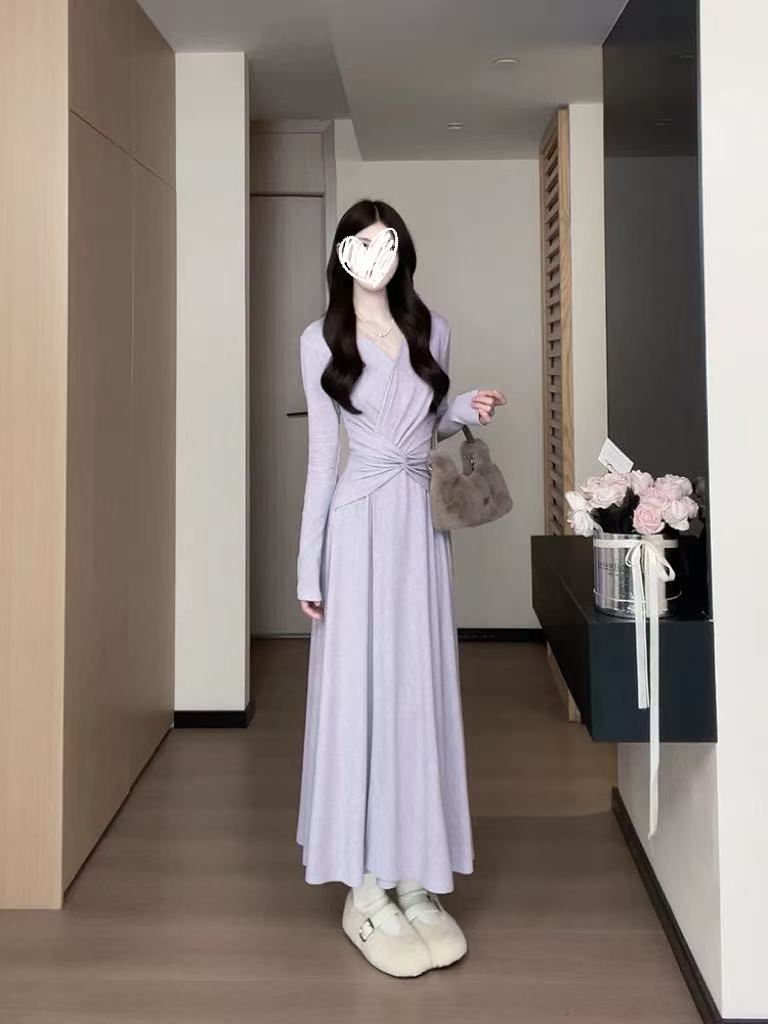 法式温柔风V领绑带收腰连衣裙女长裙小个子高级感气质裙