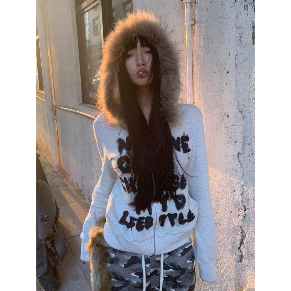 街头美式印花加绒毛领卫衣外套女秋冬季复古宽松显瘦百搭休闲上衣