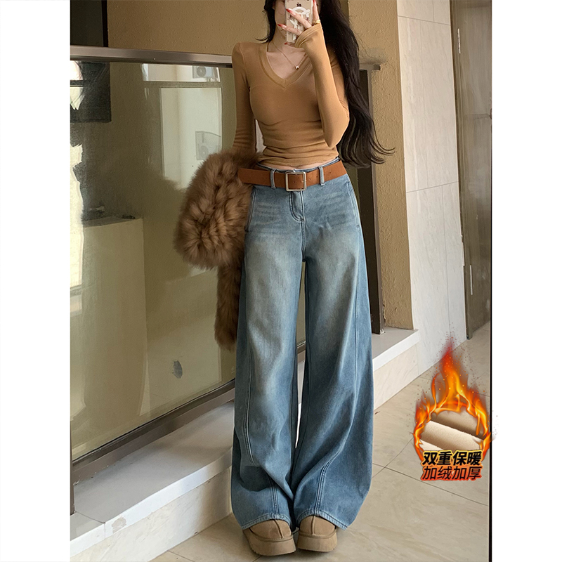 韩版蓝色高腰阔腿裤女2025冬季加绒加厚新款通勤显高松弛感拖地裤