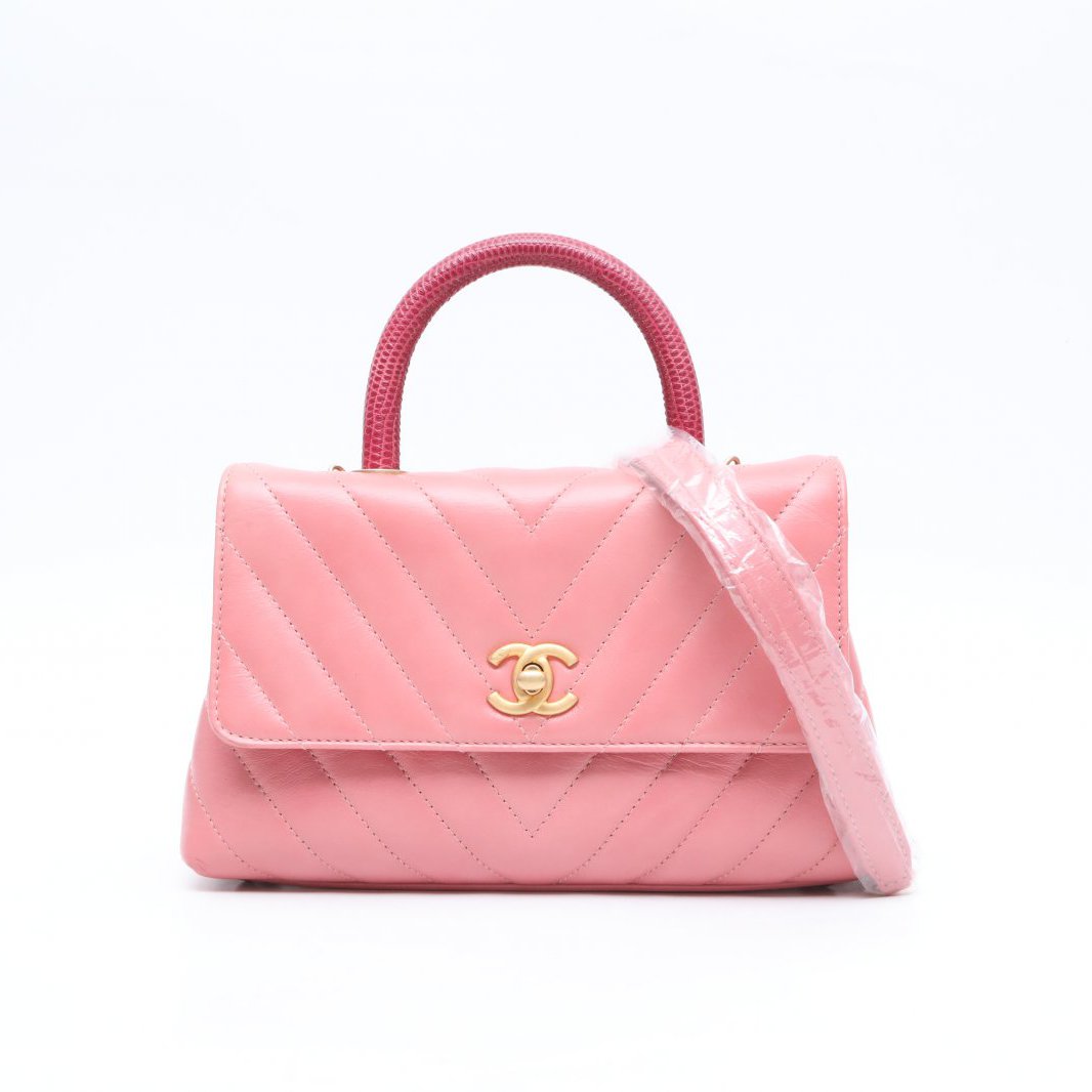 99新 Chanel/香奈儿 小花黑黑 Handle 小号 粉色 25开 金扣 V纹