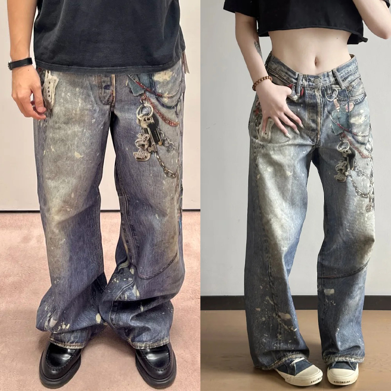 Bhf「钥匙链条」炸街潮款1981M做旧泥染挂链3D印花爆款高街牛仔裤