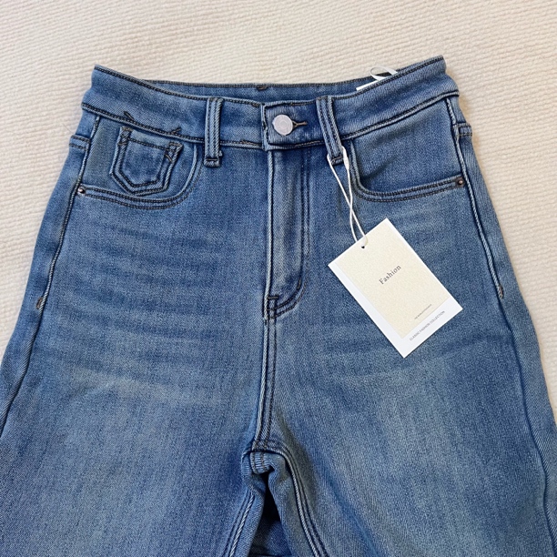 583秋冬爆款加绒加厚织物蓝窄版直筒牛仔裤