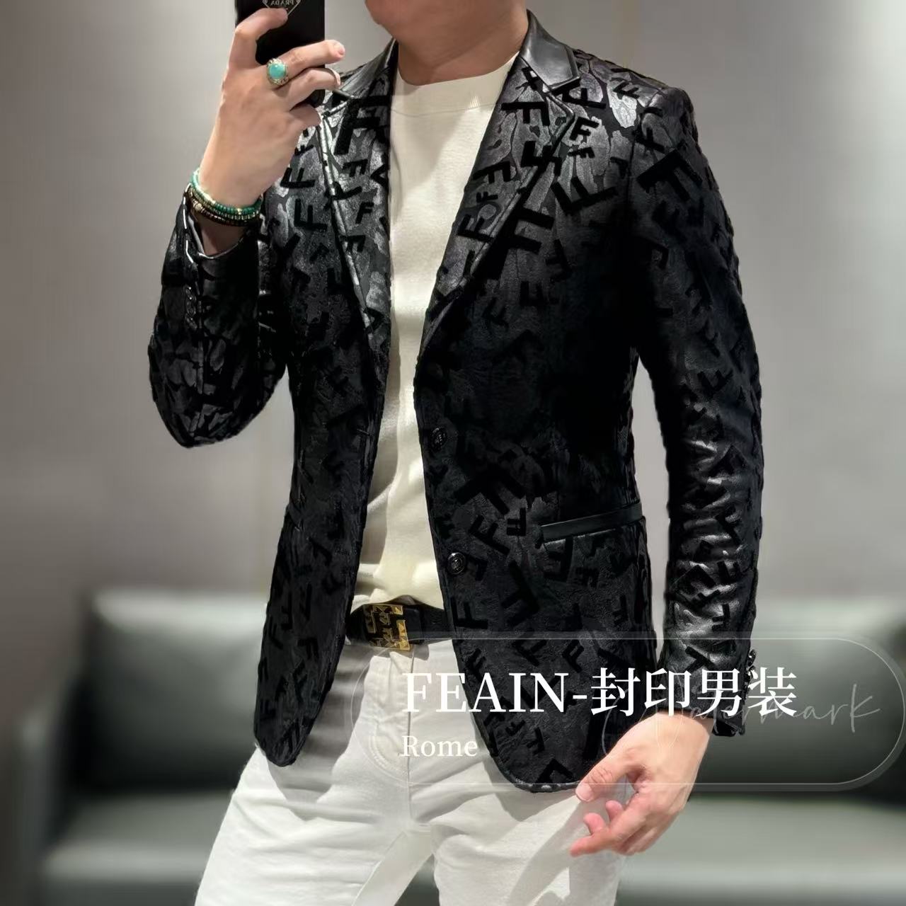 【FEAIN品牌】进口羊皮拼接立体激光植绒雕花F家高定西装828