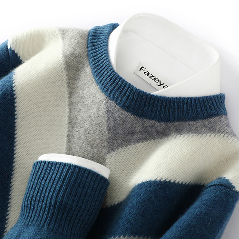 秋冬新款100纯羊绒衫男士圆领加厚毛衣拼色宽松休闲羊绒针织衫