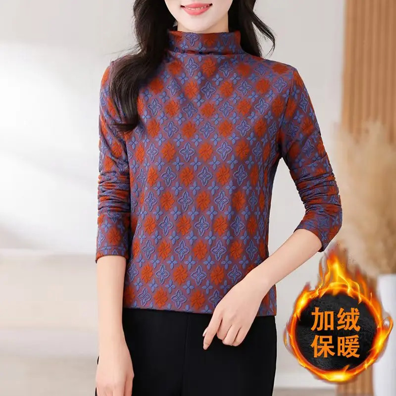 【精致·提花】高档妈妈加绒打底衫厚款磨毛女士长袖上衣显瘦气质