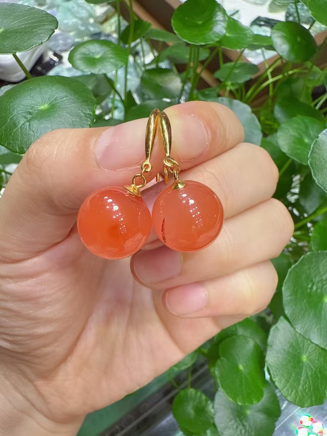 天然冰飘南红S925银镀金 ～14mm