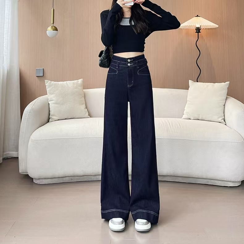 春秋洋气新款微喇直简牛仔裤时尚百搭高腰修身显瘦大码胖mm阔腿裤