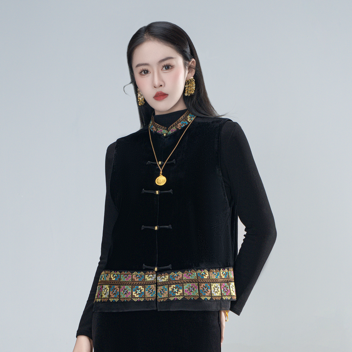 青娘子真丝丝绒（巧熙）刺绣拼接新中式显瘦气质轻奢减龄马甲-61640