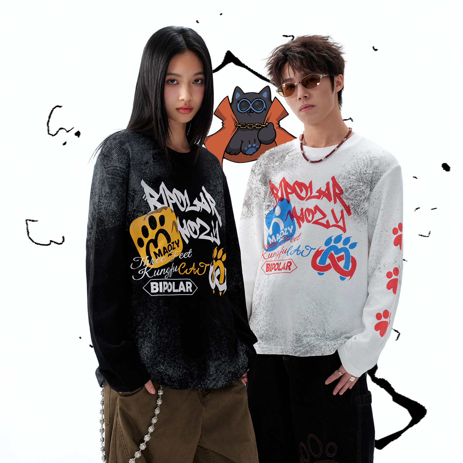 BIPOLARxMAOZY 华夫格擦脏做旧长袖T恤休闲圆领春秋新款11X038