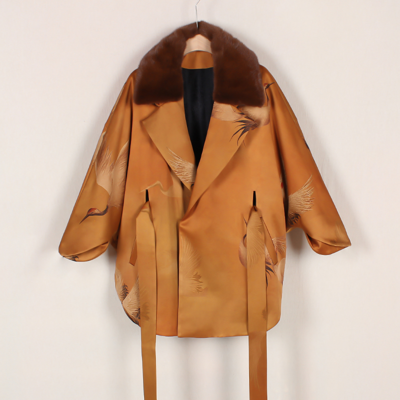 【鹤舞云间】复古新中式秋冬中长款中国风香云纱大毛领大衣