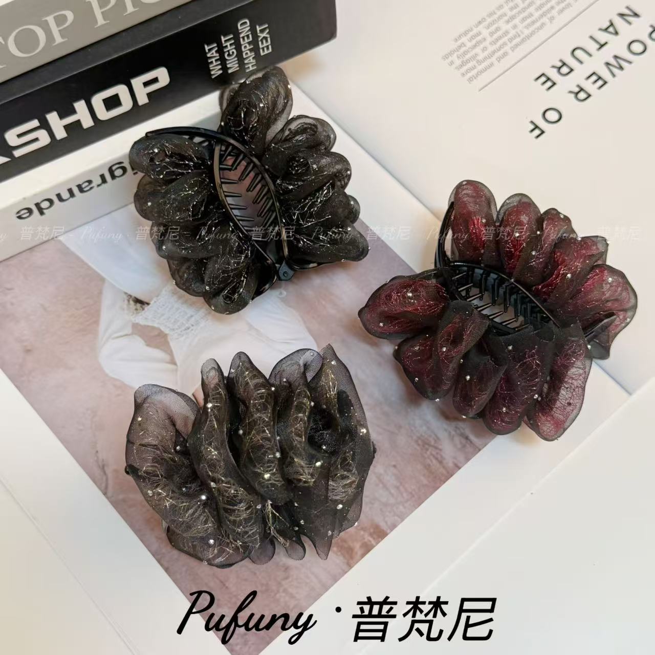 夏季网纱银丝丸子头抓夹发夹固定神器褶皱气质网纱简约优雅头饰