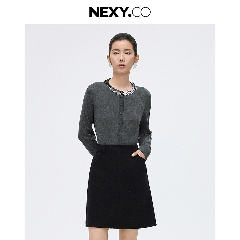 NEXY.CO/奈蔻羊毛衫|早秋新款|灰色|设计领|修脖颈|XZ03125S4