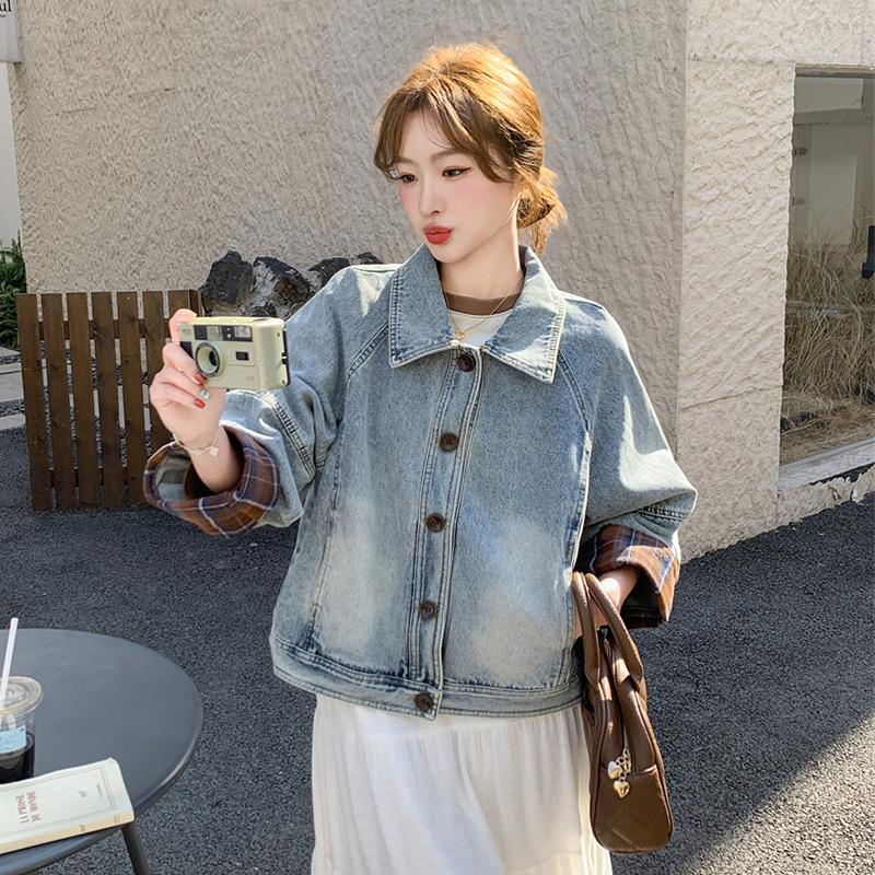 格子拼接水洗牛仔外套女春秋2025新款韩系流行高级感短款上衣