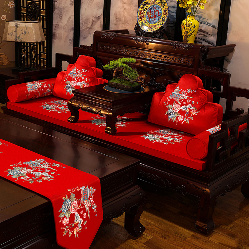 绒布西子湖畔新中式国风刺绣新中式客厅客厅沙发垫红木沙发坐垫