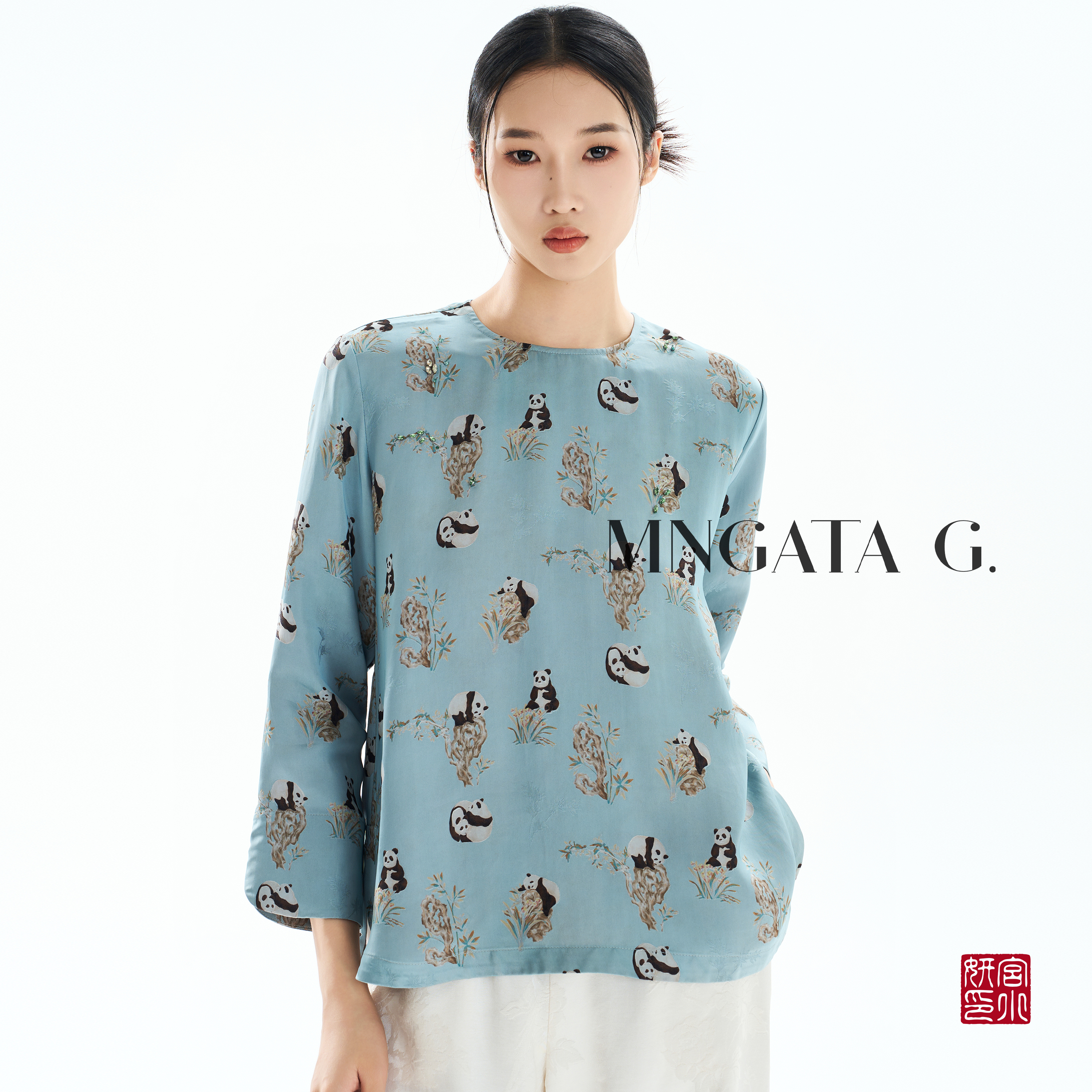 MNGATA G.宫小妍【熊猫嬉戏】早秋新中式中国风休闲百搭上衣5031636