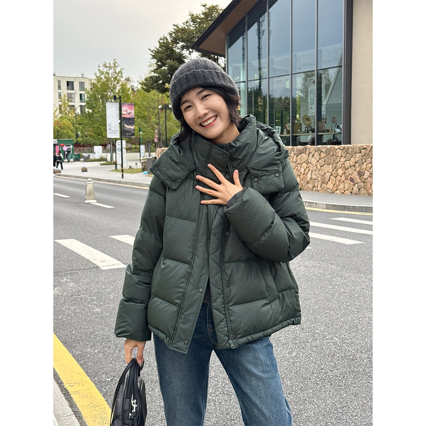 LANGQING 墨绿色“大火炉”收腰连帽鹅绒服外套47114#