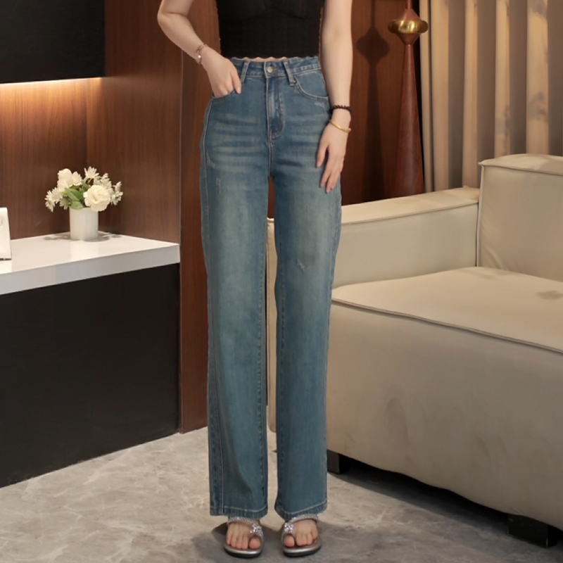 2025春夏新款复古高腰窄版直筒牛仔裤女磨破设计感显瘦宽松百搭裤