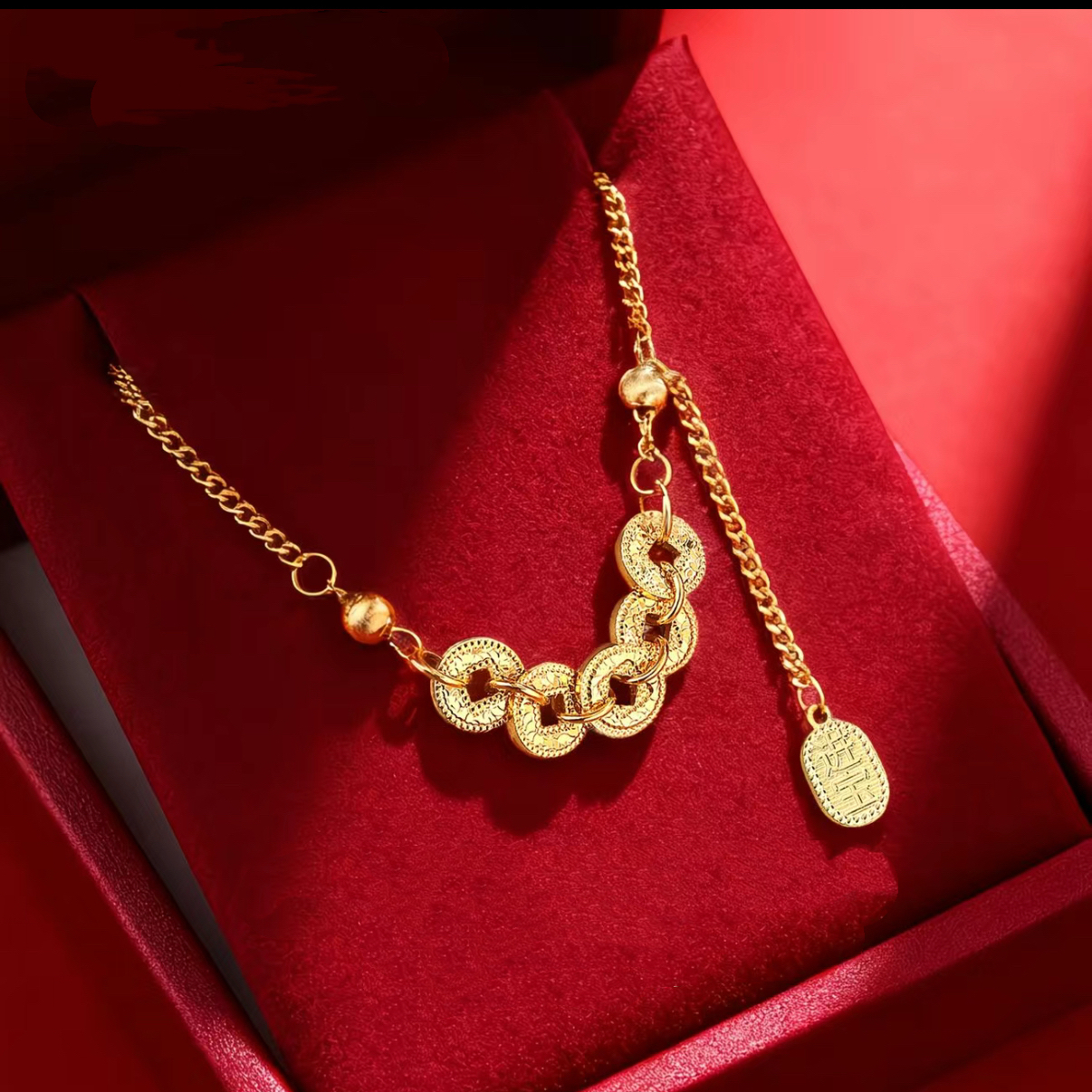 足银银制品 足银项链五帝钱碎碎冰套l链 时尚百搭简约项链       