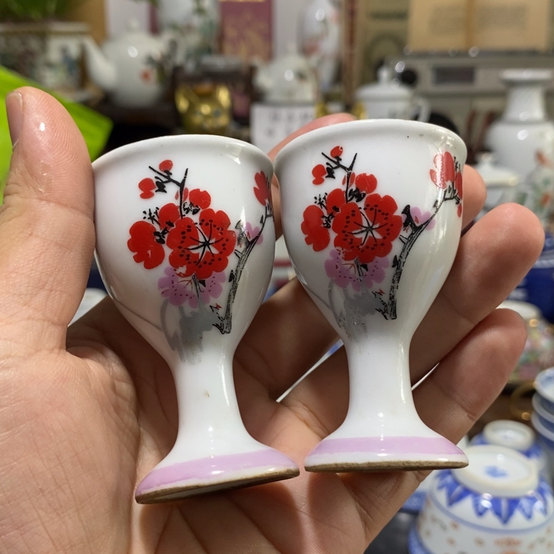 摆件辣椒红贴花高脚杯一对