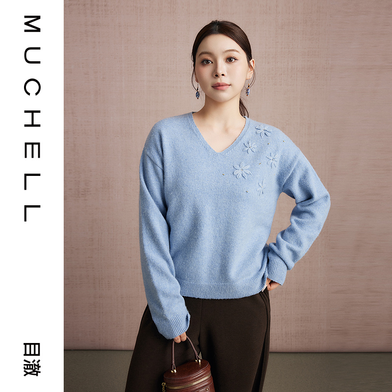 目澈MUCHELL冬季新款【眉目成诗】大码刺绣花纱针织衫MDS4SD8081