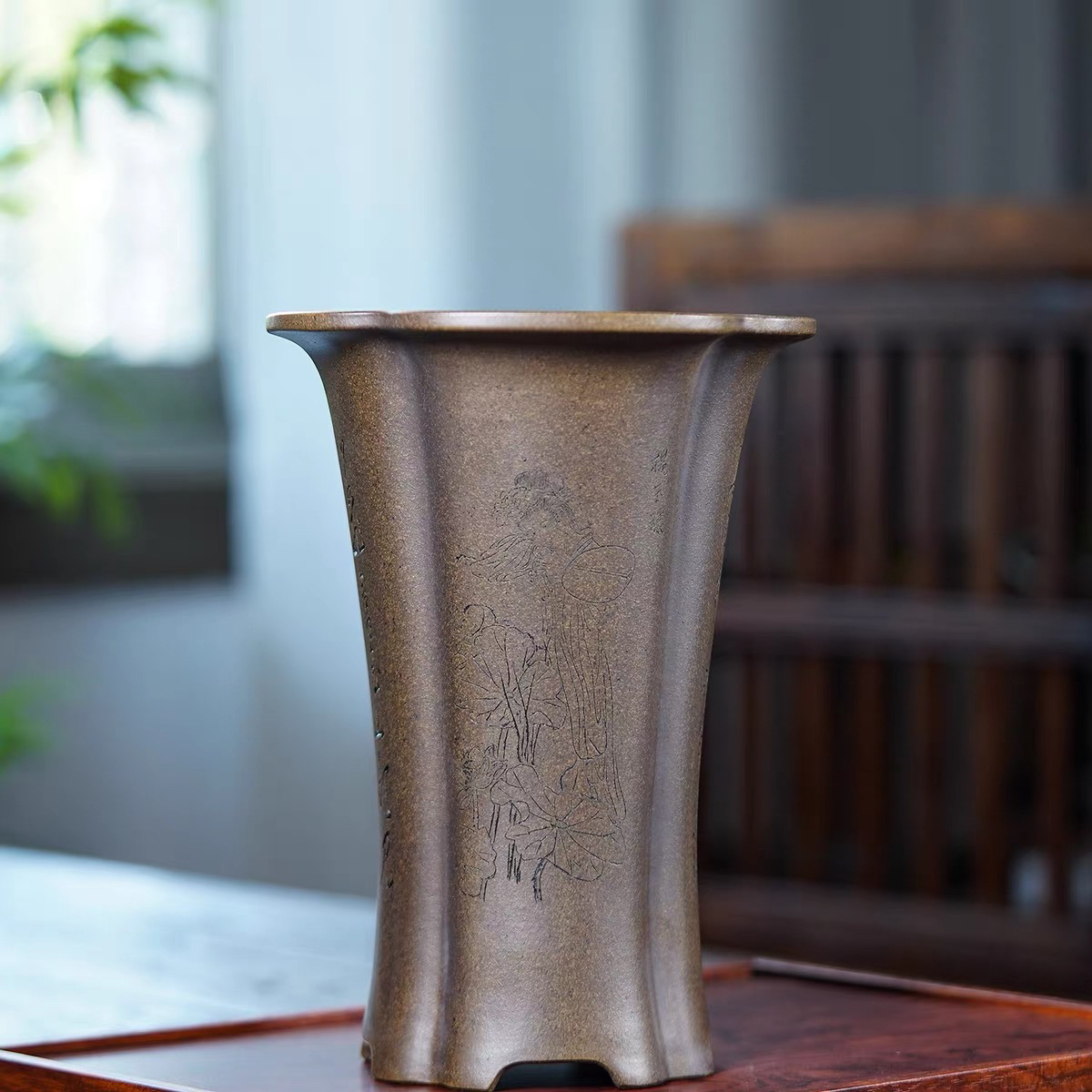 紫砂花盆芝麻段泥手工刻绘束腰透气兰花绿植盆景盆