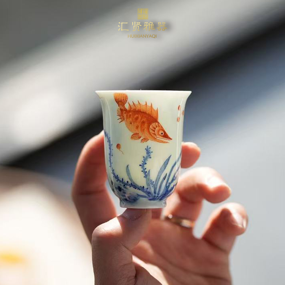 青花矾红鳜鱼闻香杯60cc纯手绘茶杯茶具茶器